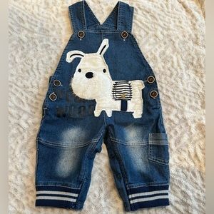 ✨EUC✨Denim Overalls with "WOOF WOOF" Dog Appliqué Playful Size 6-9 month’s
